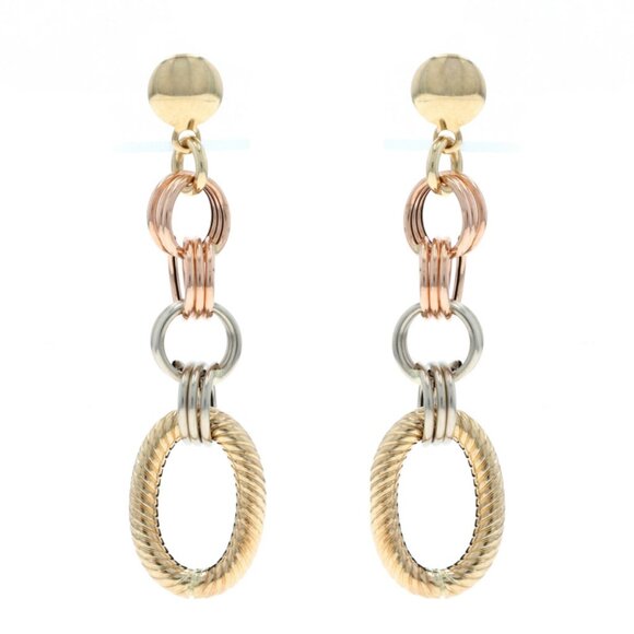Yellow Gold Graduated Link Dangle Earrings 14k Pierced - Picture 1 of 3